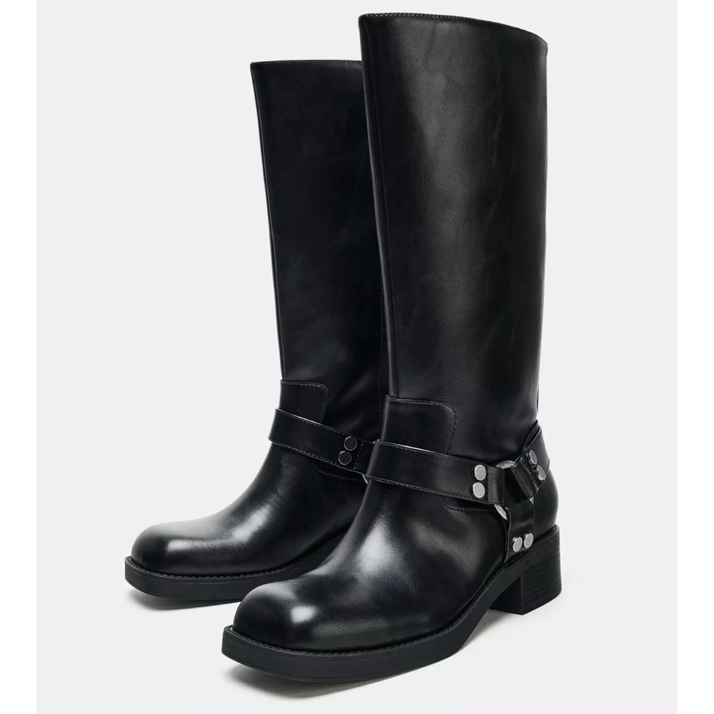 Zara Black Leather Knee-High Harness Boots
